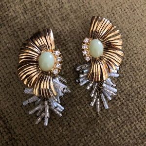 NWOT Statement Earrings- Gold Spray Jade Cabochon